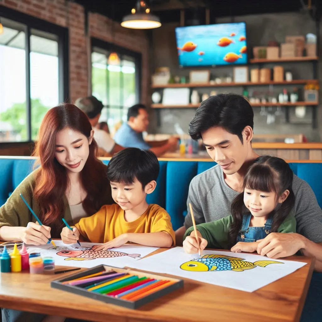 kids painting fish coloring page in restaurant