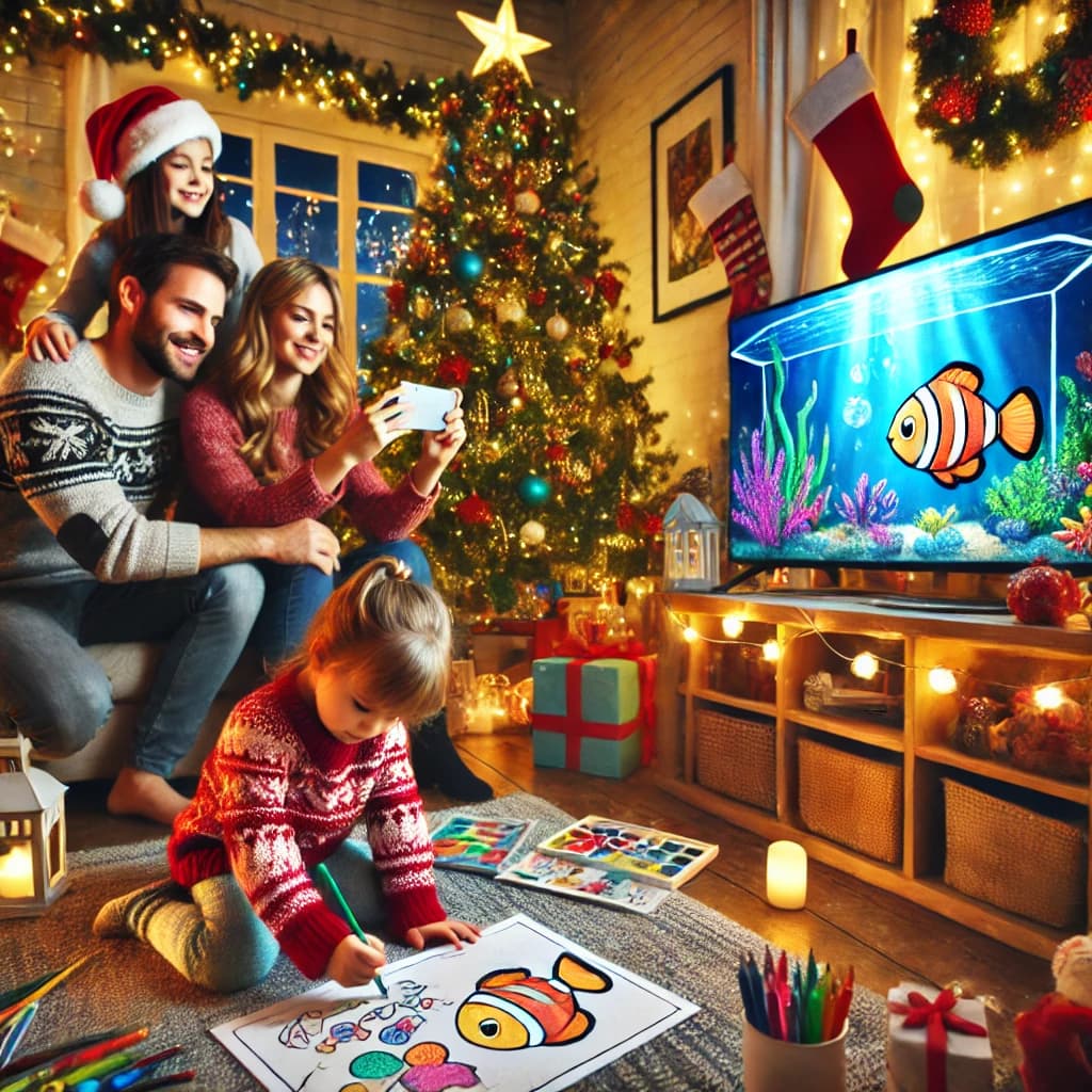 Christmas fish coloring activity on a television